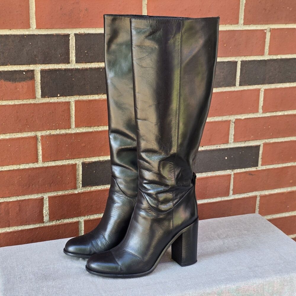 Kate Spade Women's Belinda Tall Black Leather Boots Gold Button Accent size 7M